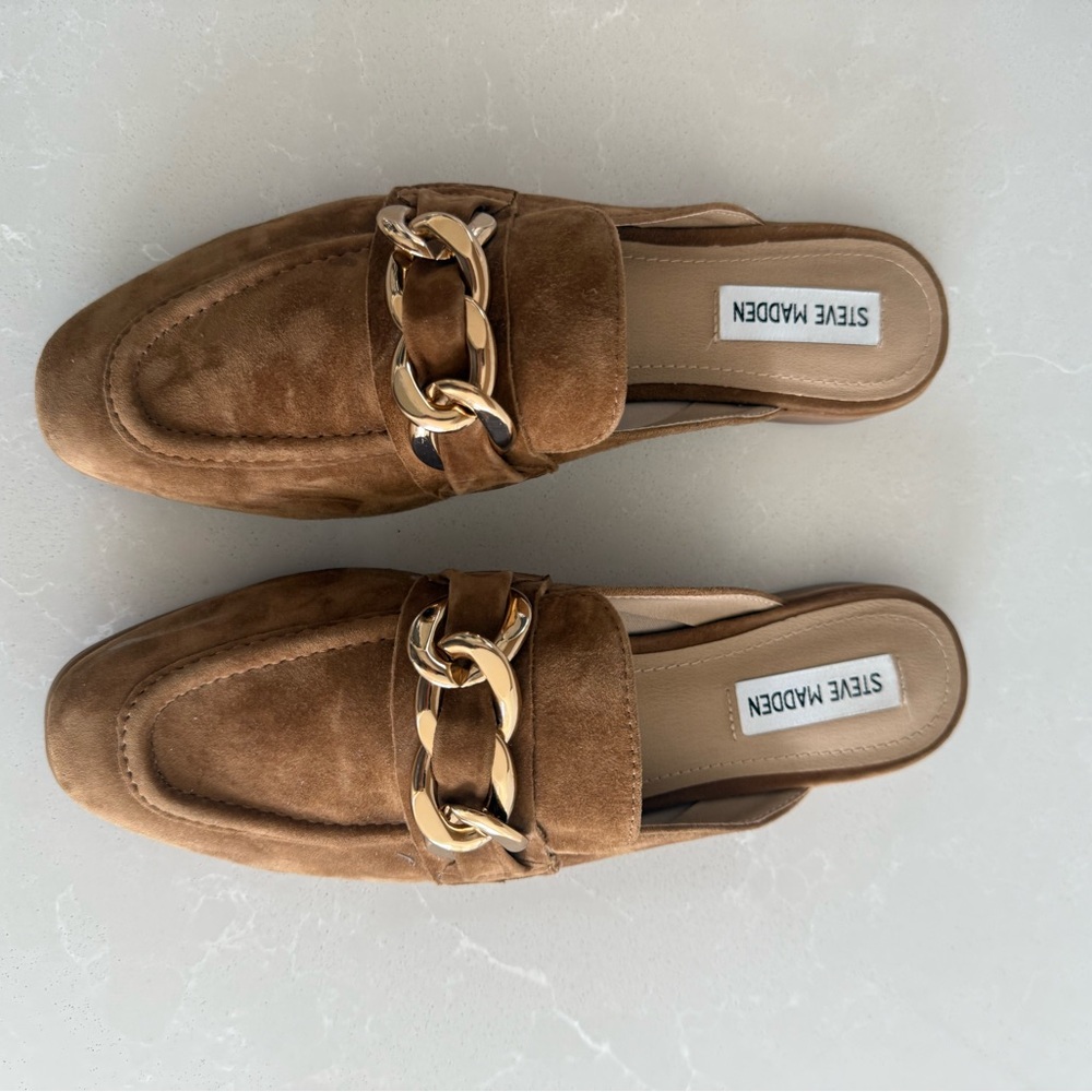 Steve Madden Brown Mule Loafers  with Gold Chain| Cassady